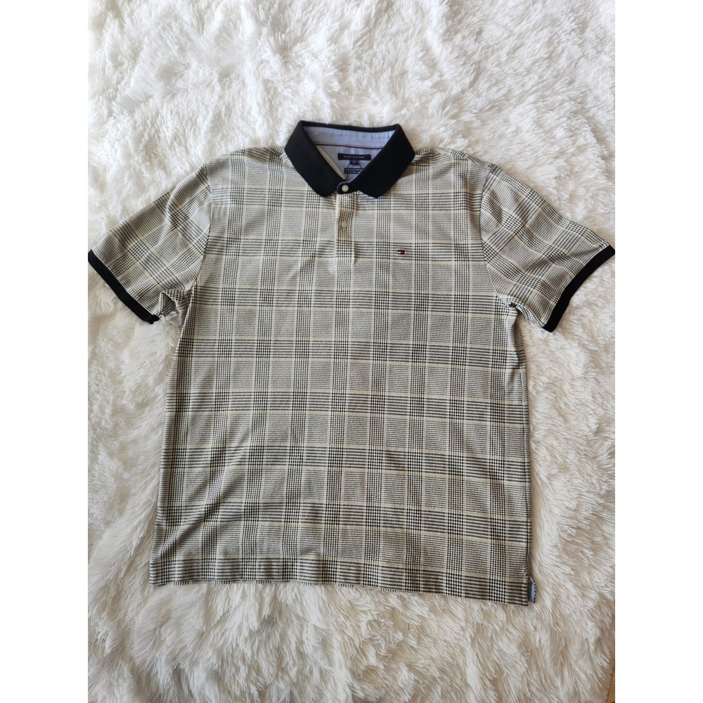 Tommy Hilfiger Mens XXL Glen Plaid Stretch Polo Shirt Black Regular Fit Vintage